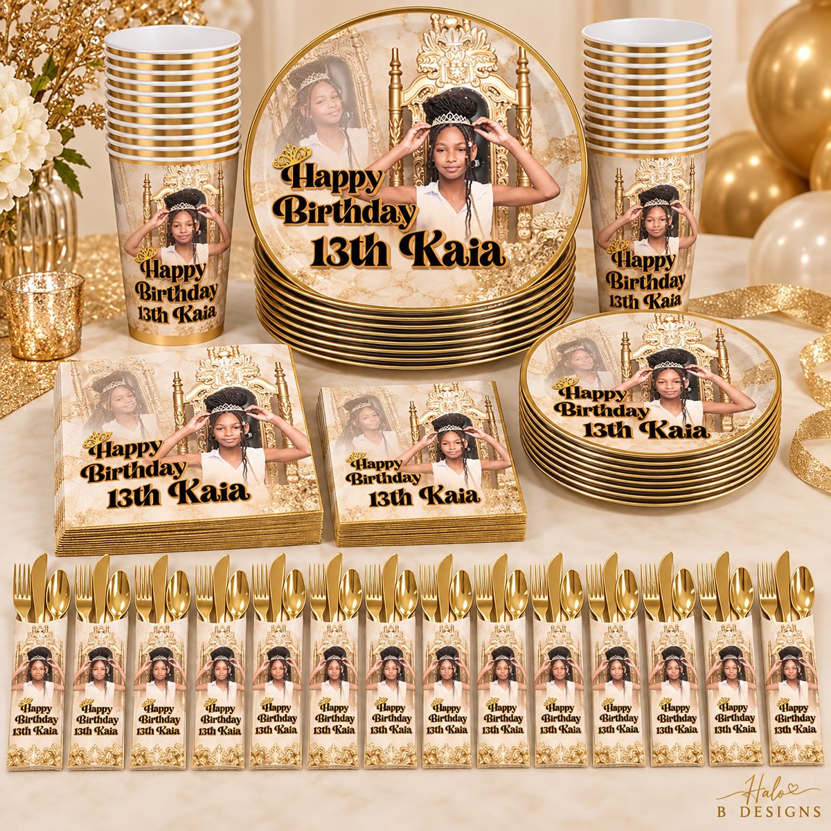 Photo-personalized cups plates napkins and cutlery party set