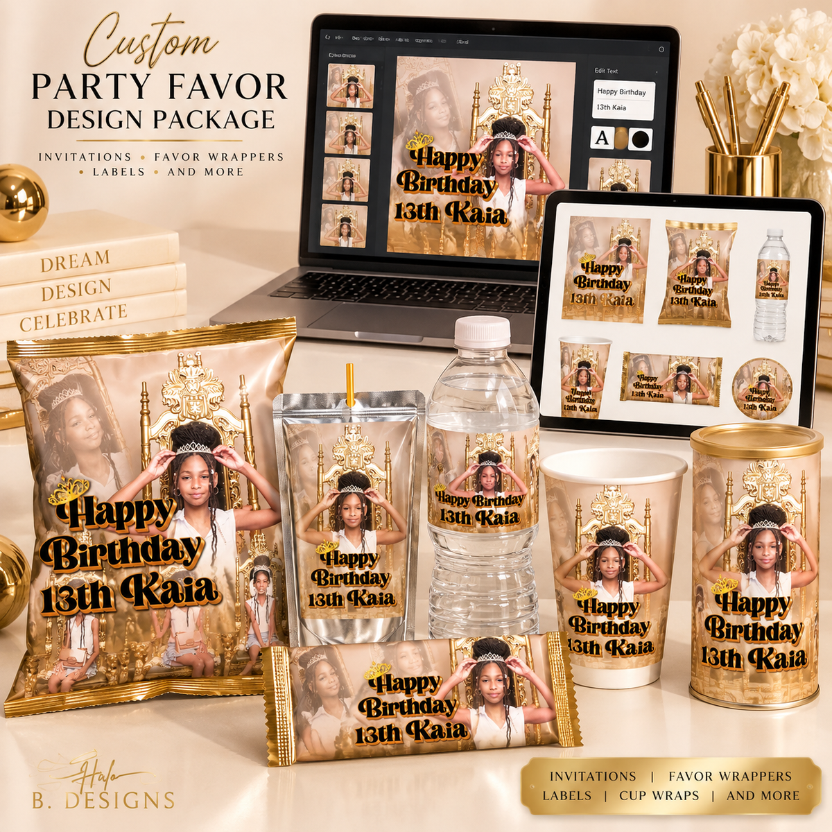 Custom digital party favor design package with coordinated wrappers and labels
