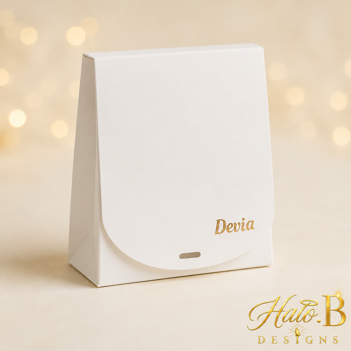 Devia personalized white gift bag with gold lettering