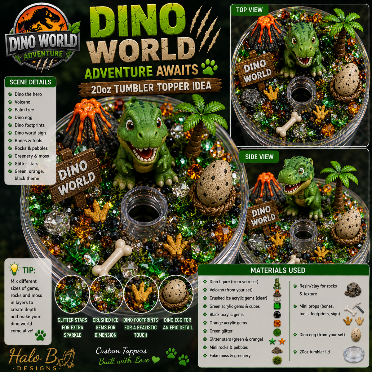 Dinosaur themed custom tumbler topper examples