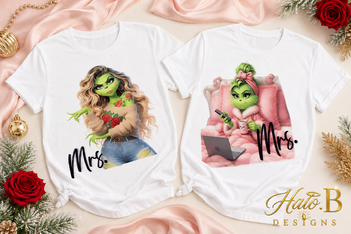 Two personalized Mrs holiday T-shirt design examples