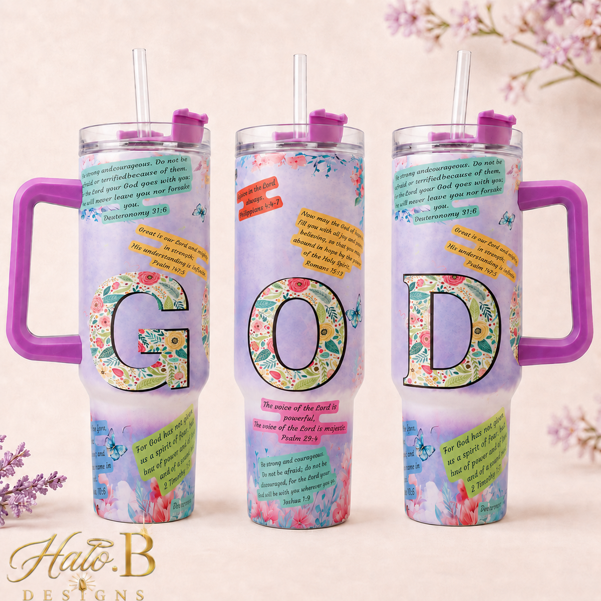 Floral scripture handled tumbler spelling GOD