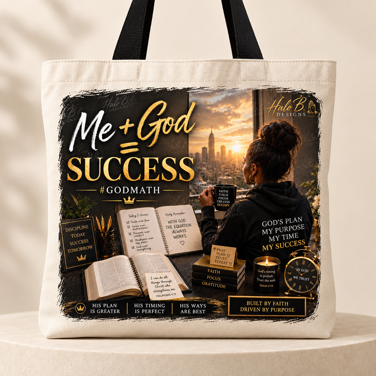 Me plus God equals Success GodMath Christian canvas tote bag