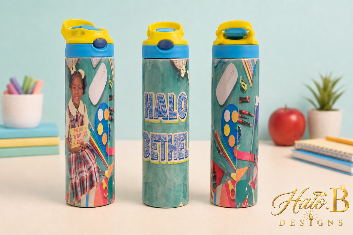 Personalized kids school water bottle shown from three angles