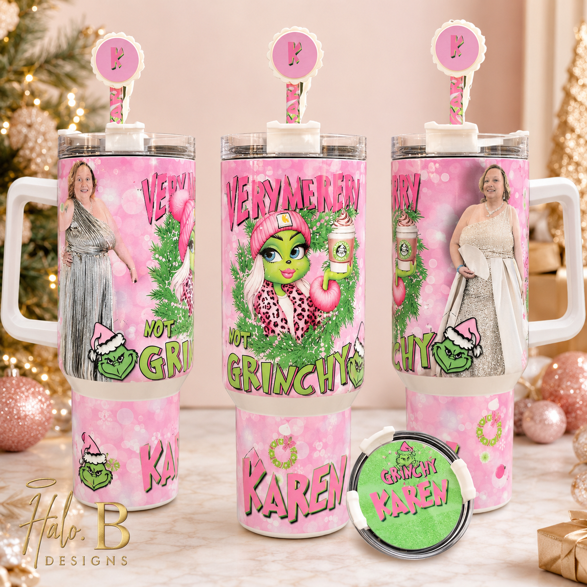 Personalized Christmas character tumbler shown from multiple angles