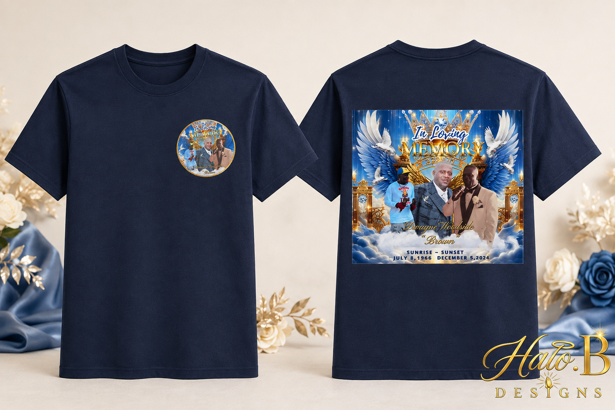 Navy memorial T-shirt with front chest and full back tribute designs