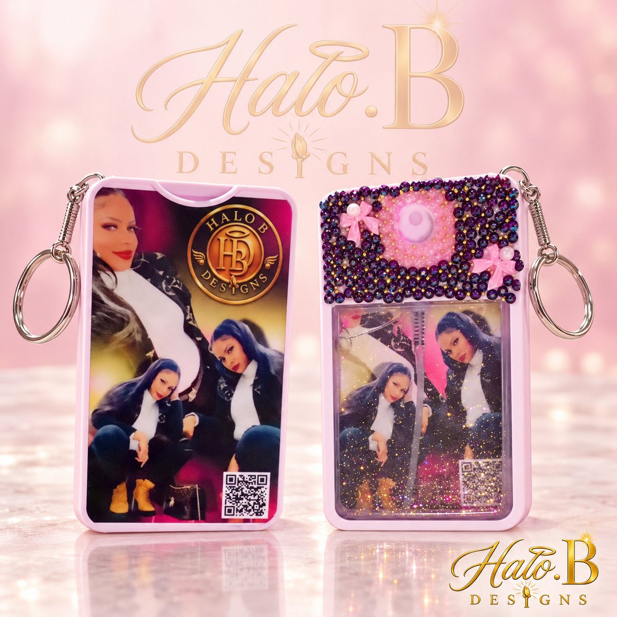Pink personalized photo spray keychain with purple rhinestones and Halo B Designs branding