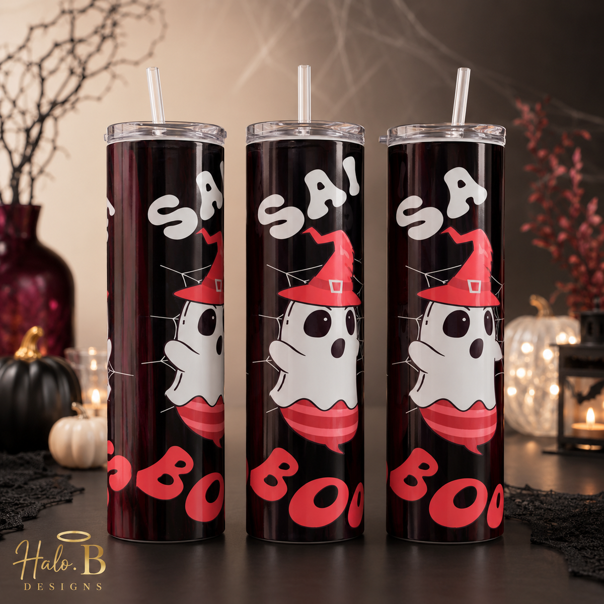 Halloween ghost tumbler shown from three angles