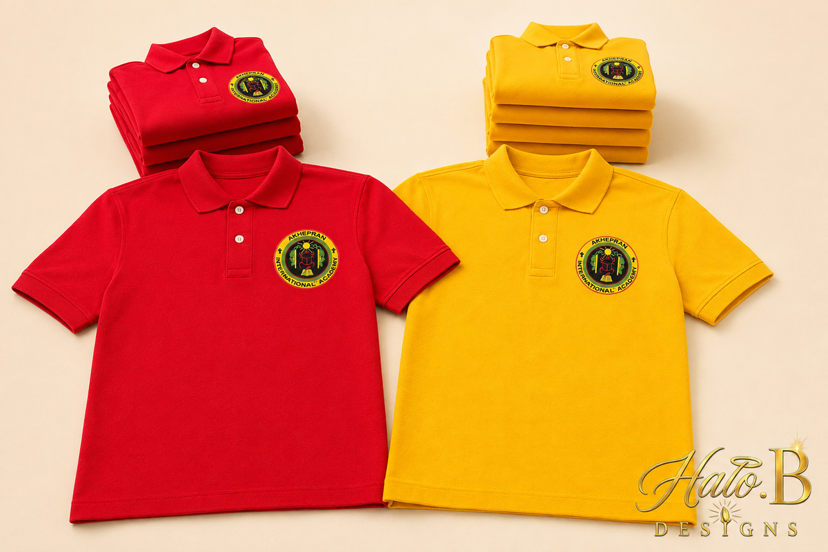 Custom red and yellow school uniform logo polo shirts