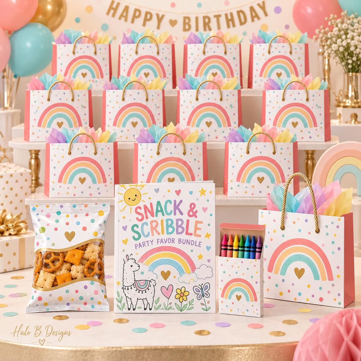 Snack and Scribble Party Favor Bundle with twelve coordinated favor bags and a sample snack pouch, activity book, crayons, and take-home bag