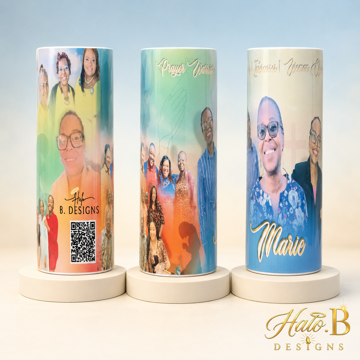 Personalized memorial tumbler shown from three angles