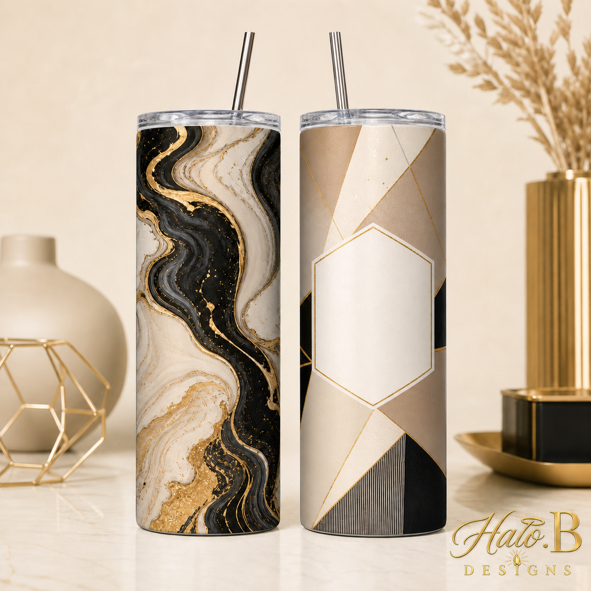 Examples of customizable 20oz skinny tumbler designs in black, gold and warm neutral colours
