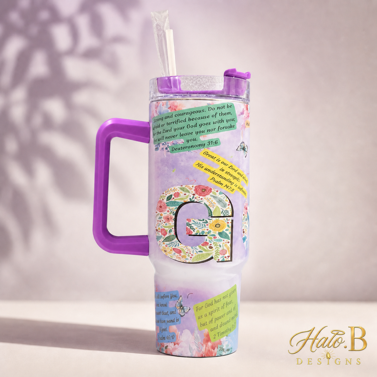 Personalized 40oz floral tumbler with new gold Halo B Designs watermark