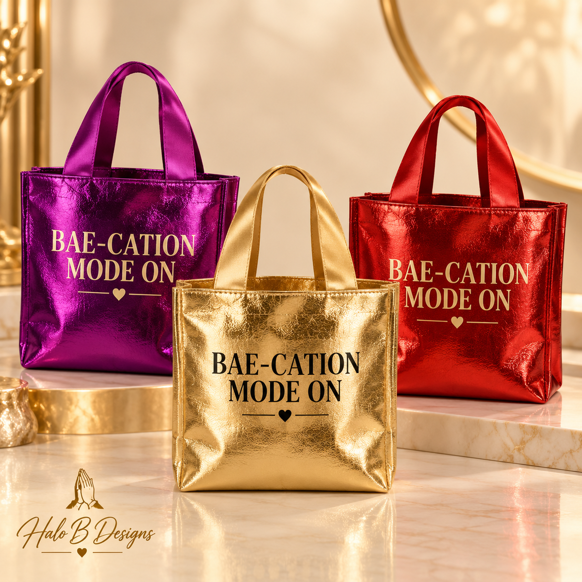 Bae-Cation Mode On metallic travel gift bags in purple, gold, and red