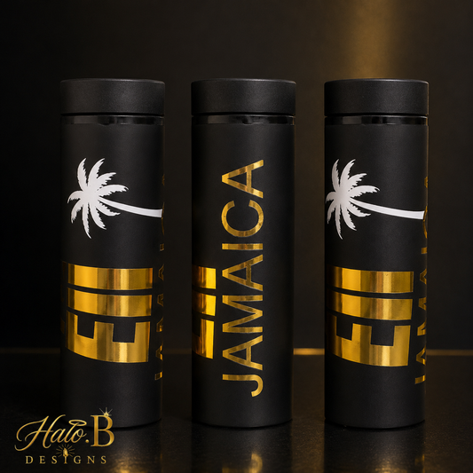 Black and gold Jamaica themed tumblers
