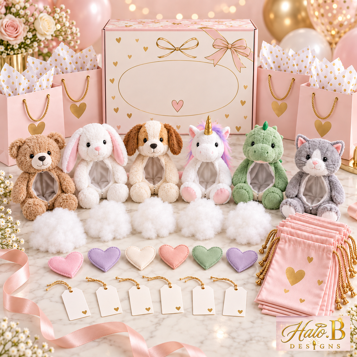 Halo B Designs Build-Your-Own Plush Party Kit premium product display