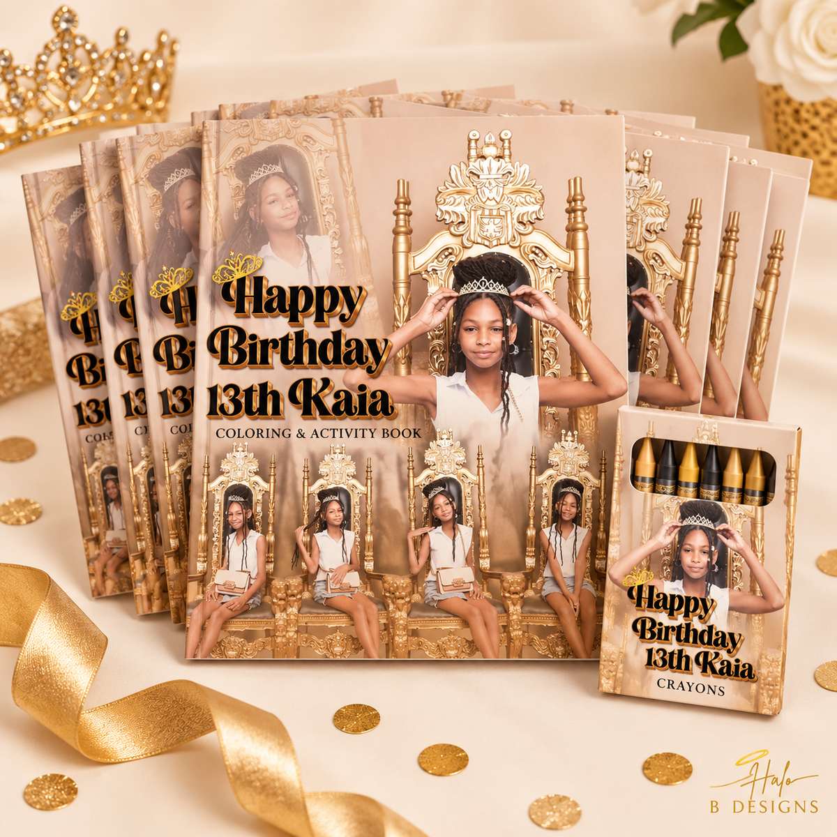 Photo-personalized coloring and activity books with matching crayons