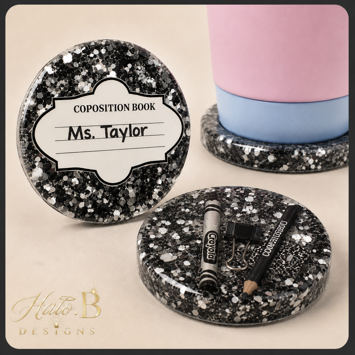 Handmade composition book crayon coaster set in black, silver, white and Black