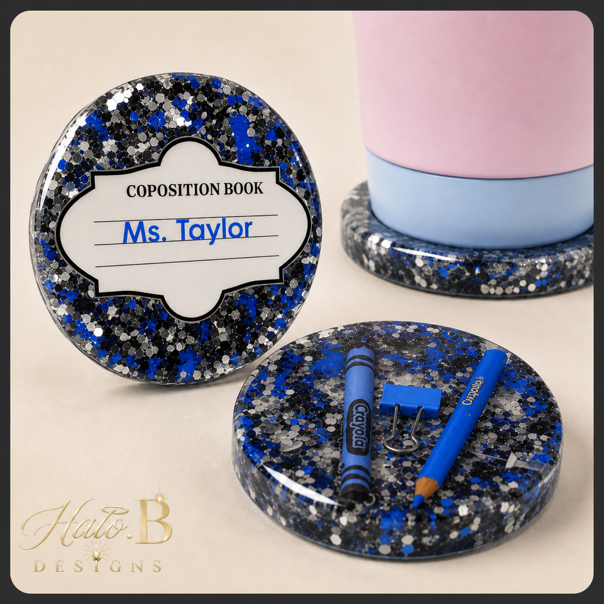 Handmade composition book crayon coaster set in black, silver, white and Blue