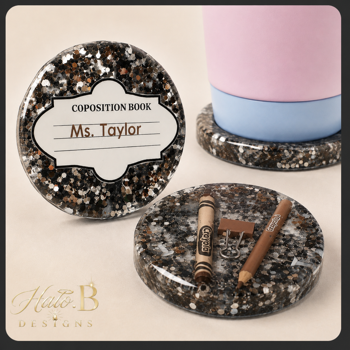 Handmade composition book crayon coaster set in black, silver, white and Brown