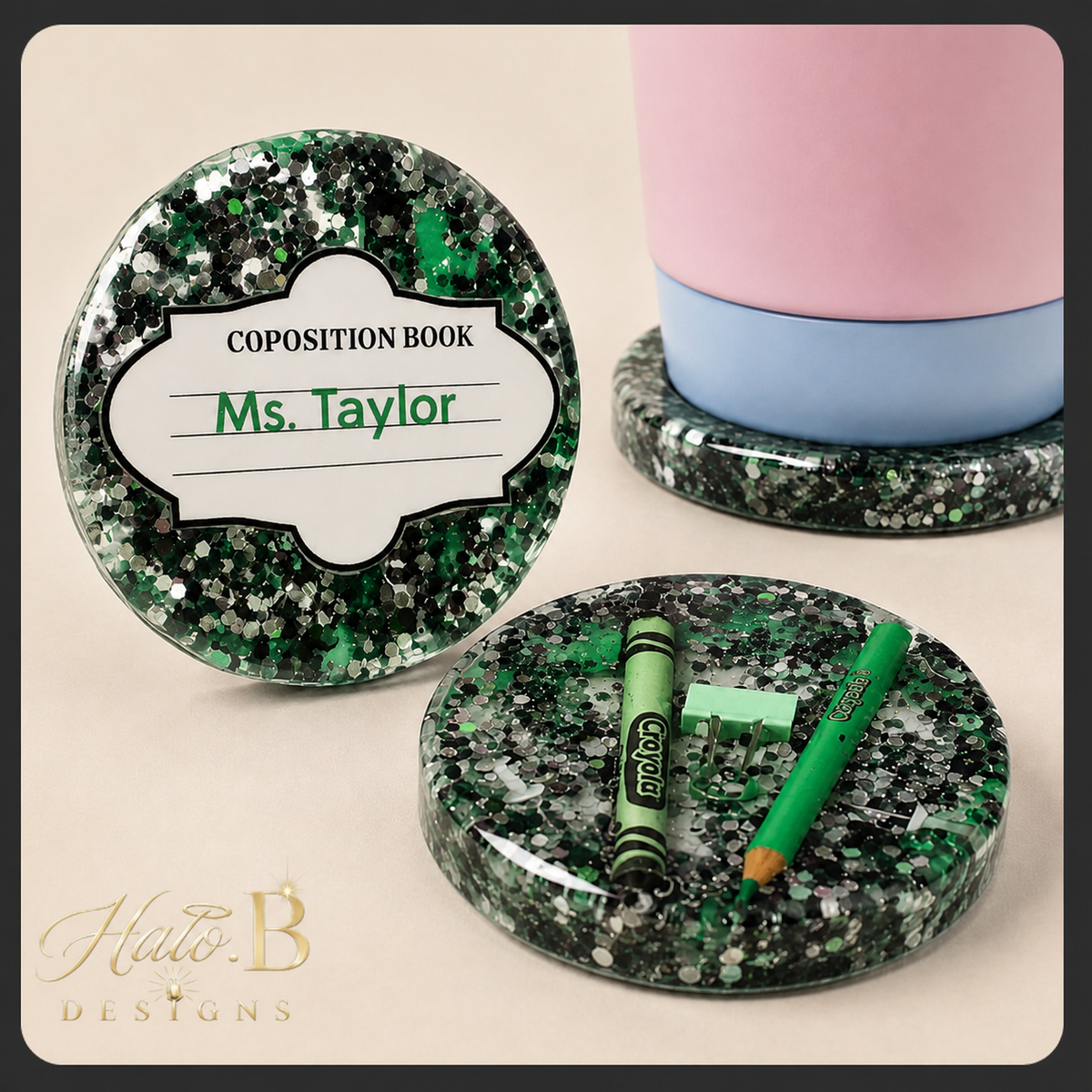 Handmade composition book crayon coaster set in black, silver, white and Green