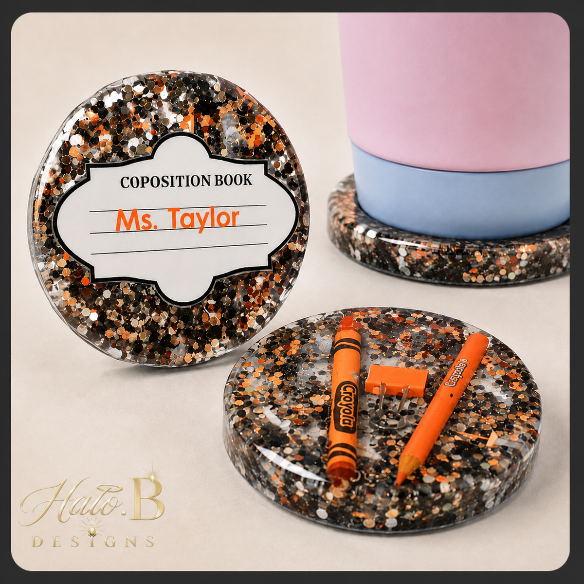 Handmade composition book crayon coaster set in black, silver, white and Orange