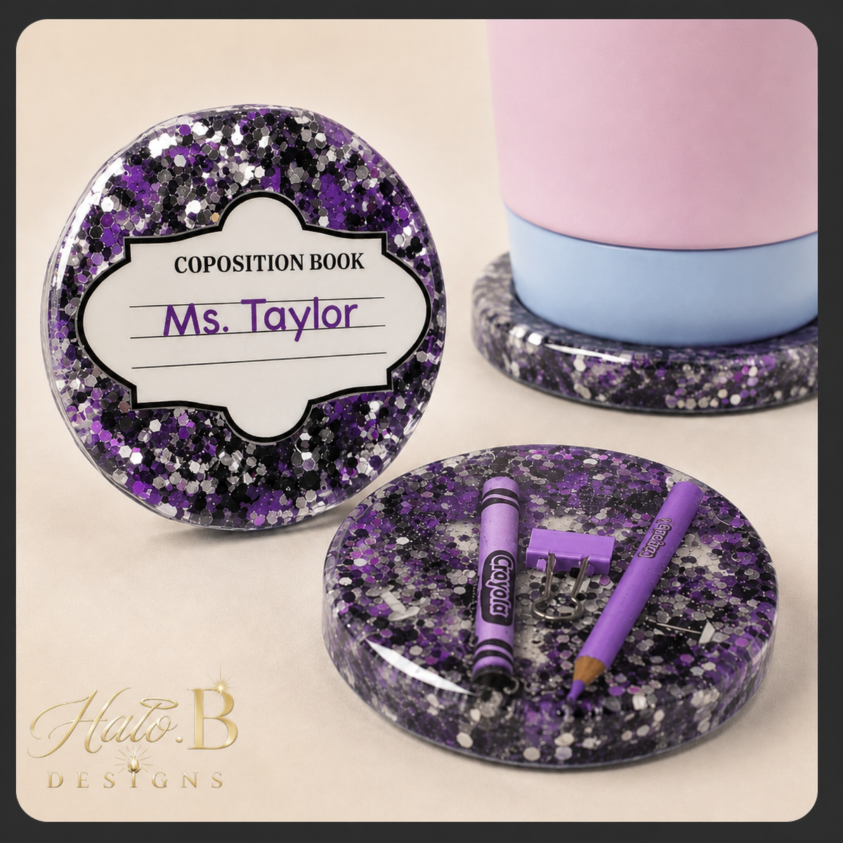 Handmade composition book crayon coaster set in black, silver, white and Purple