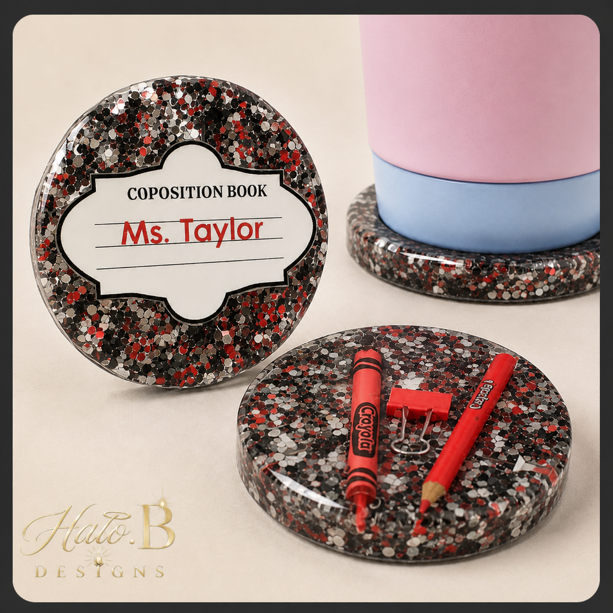Handmade composition book crayon coaster set in black, silver, white and Red