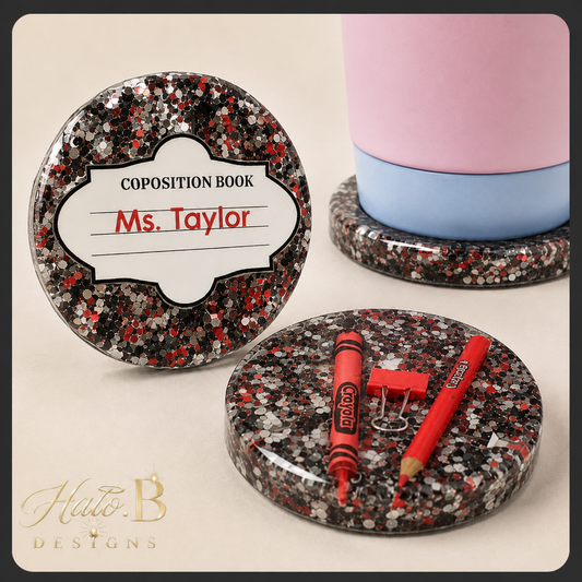 Handmade composition book crayon coaster set in black, silver, white and Red