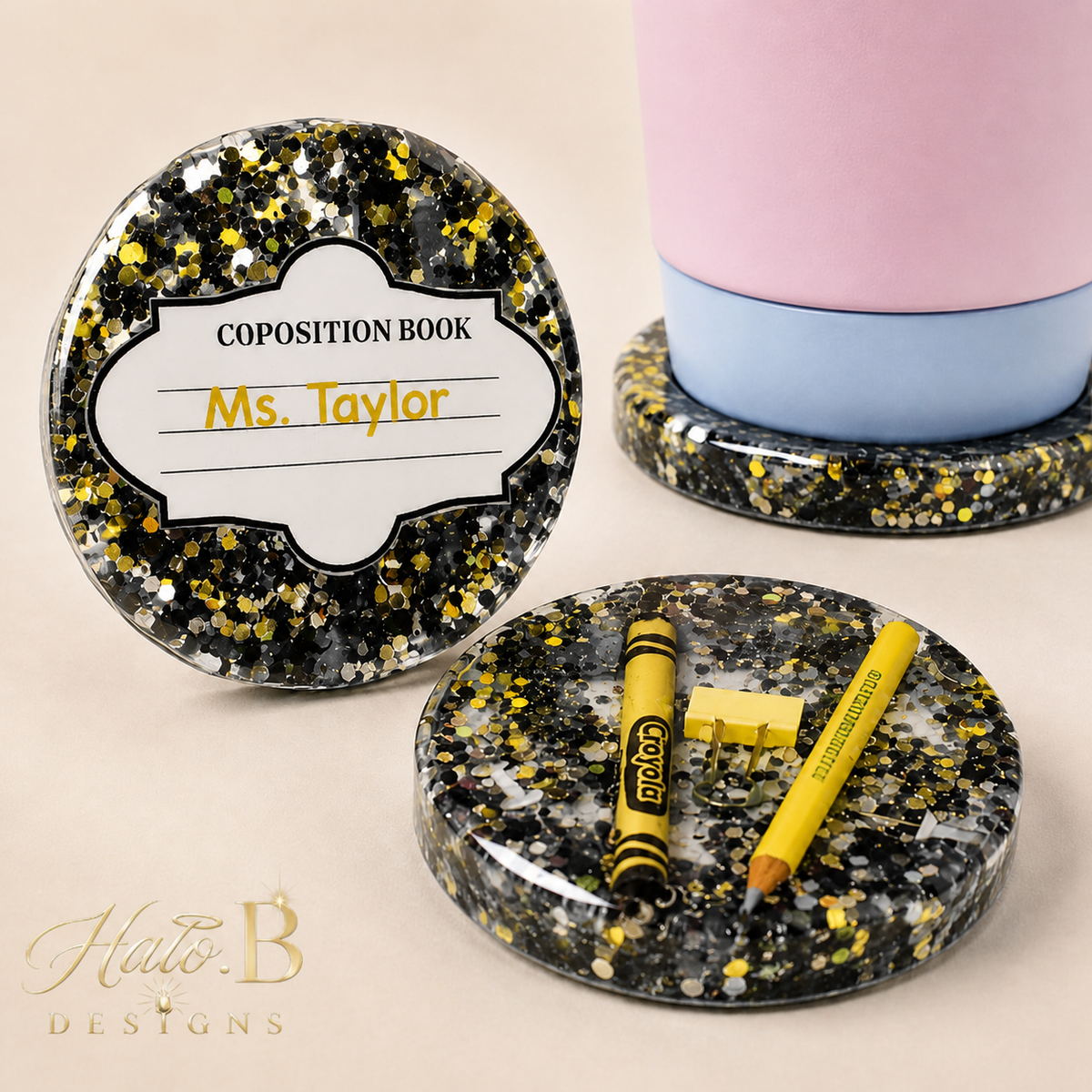 Handmade composition book crayon coaster set in black, silver, white and Yellow