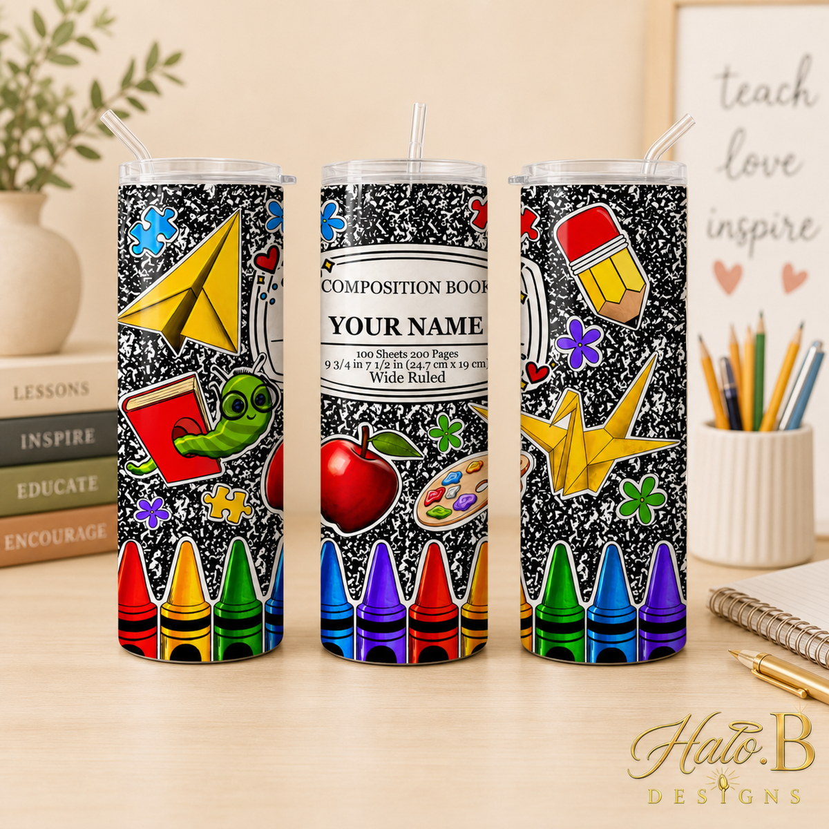 Three-view personalized composition style tumbler with new gold Halo B Designs watermark