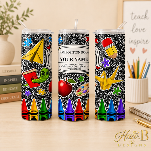 Three-view personalized composition style tumbler with new gold Halo B Designs watermark