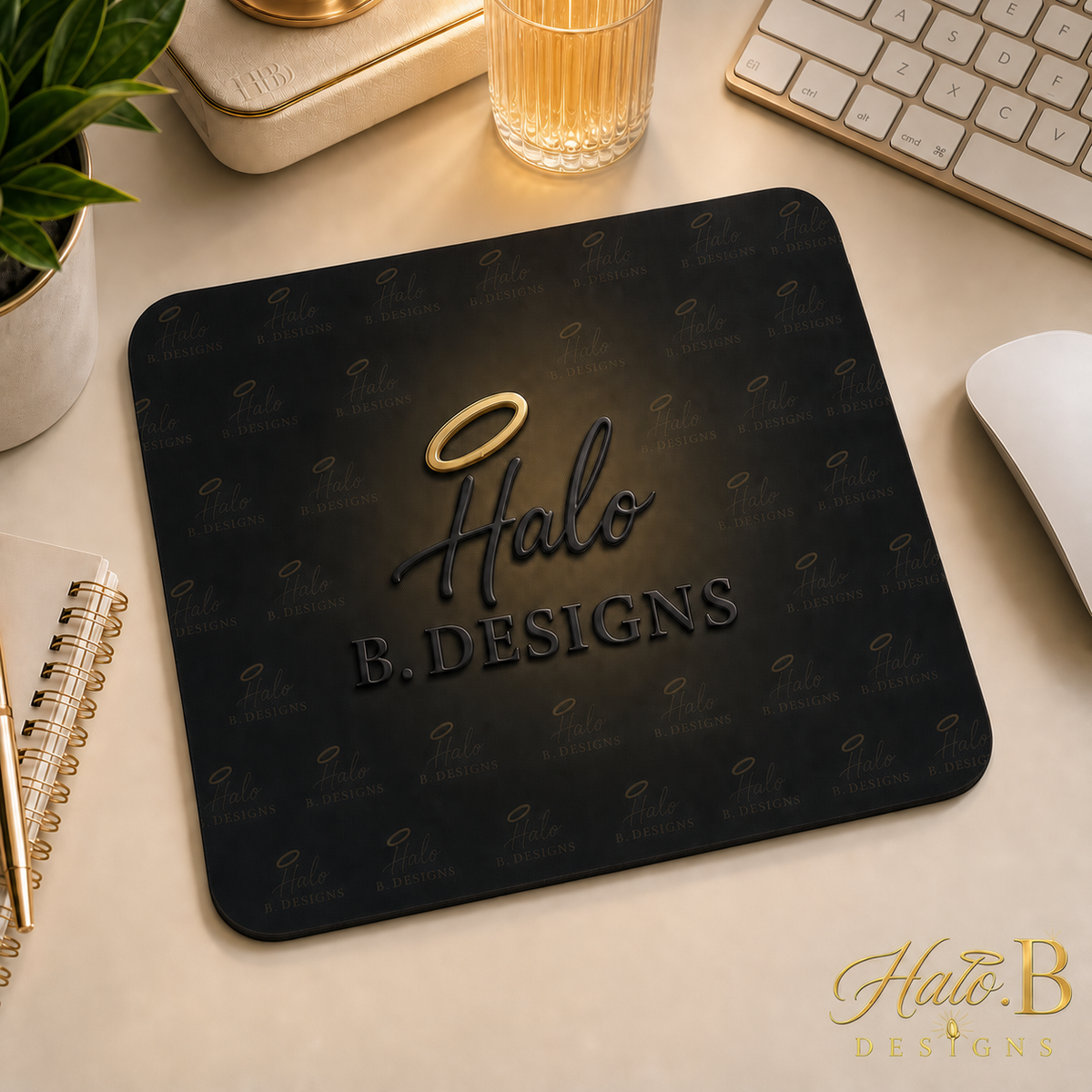 Custom black and gold business logo mouse pad with new gold Halo B Designs watermark