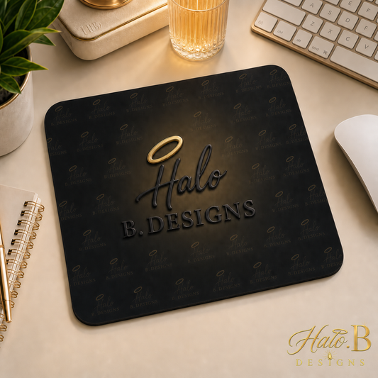 Custom black and gold business logo mouse pad with new gold Halo B Designs watermark