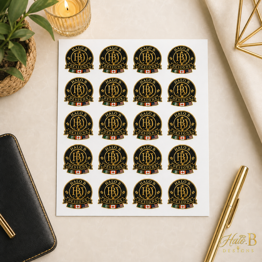 Sheet of 20 custom business logo stickers with new gold Halo B Designs watermark