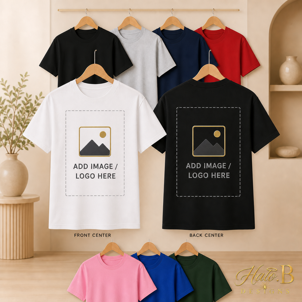 DTF T-shirts with add image or logo placeholders for front-center and back-center printing