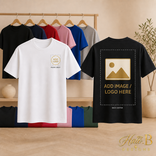 DTF T-shirts with add logo and add image placeholders for front-crest and back-center printing