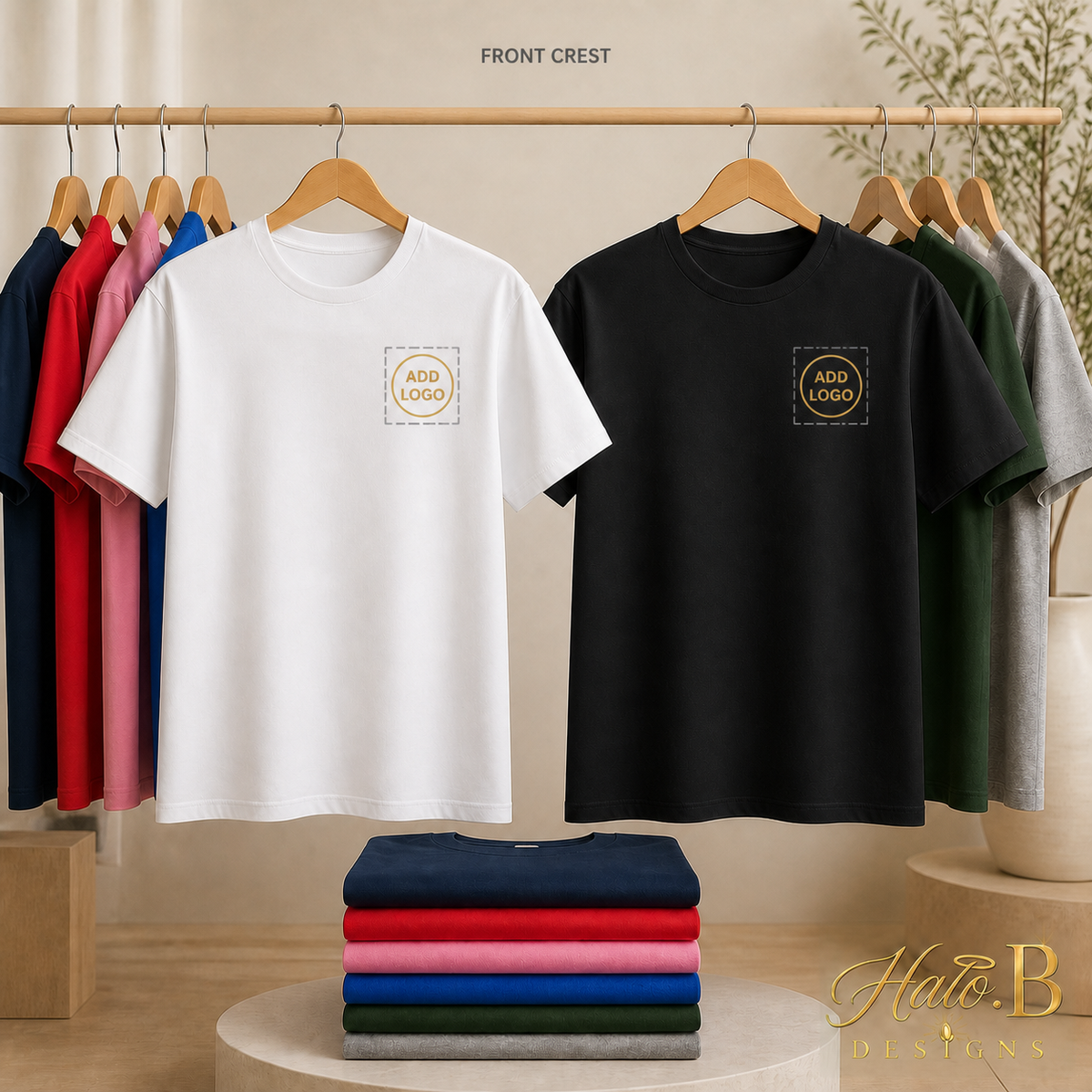 DTF T-shirts with add logo placeholders for front-crest printing
