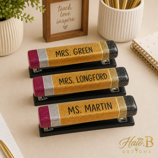 Three personalized glitter resin staplers with new gold Halo B Designs watermark