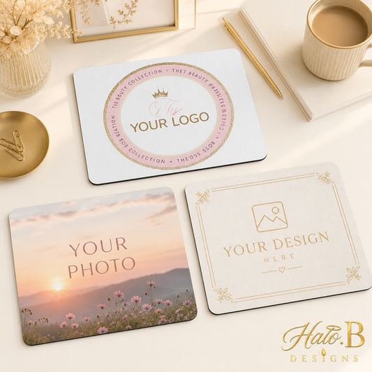 Custom logo and photo mouse pads with new gold Halo.B Designs watermark