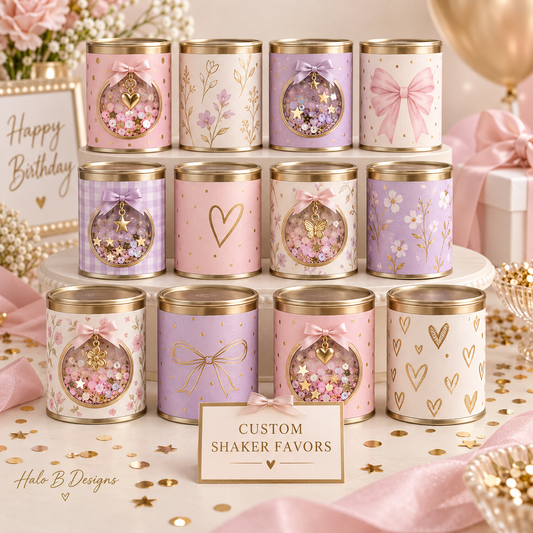 Set of 12 custom mini snack canister party favors with classic wrappers and dimensional shaker-window upgrades