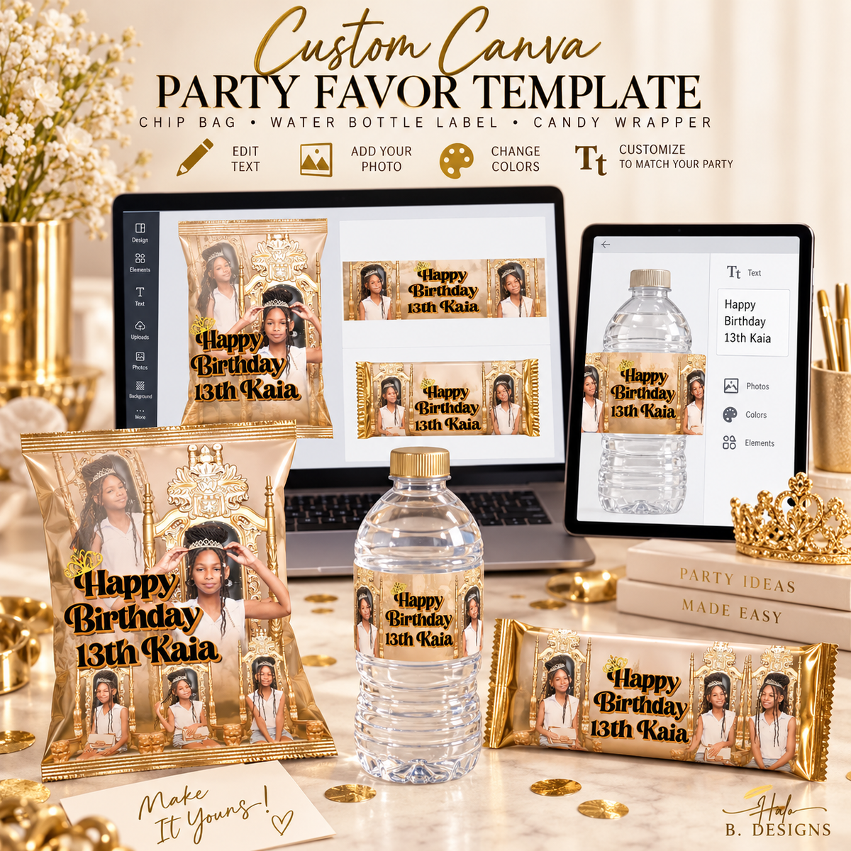 Custom editable party favor template shown across coordinated packaging designs