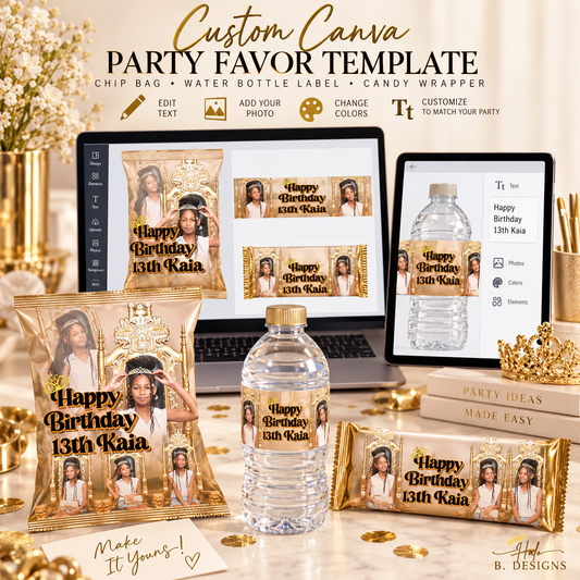 Custom editable party favor template shown across coordinated packaging designs