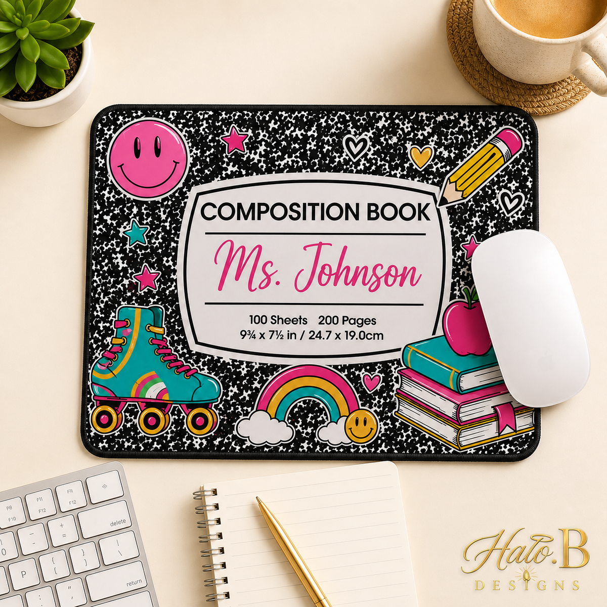 Personalized composition book teacher mouse pad with Ms. Johnson name and gold Halo B Designs watermark
