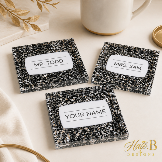 Personalized black and silver glitter coasters with new gold Halo.B Designs watermark