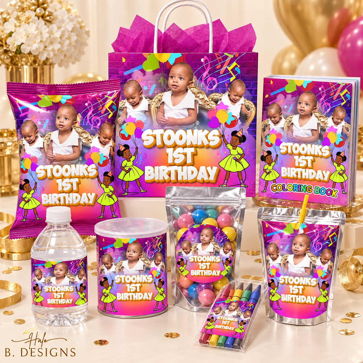 Custom photo party favor bundle with personalized chip bags, drinks, treats, activity book and gift bag