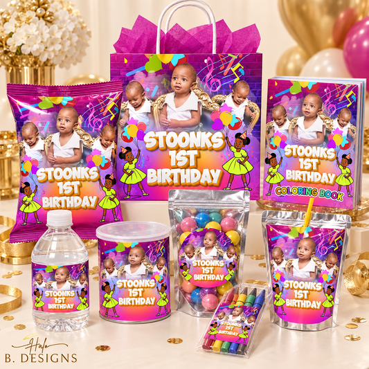Custom photo party favor bundle with personalized chip bags, drinks, treats, activity book and gift bag