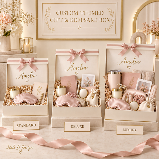 Custom themed gift and keepsake box comparison showing Standard, Deluxe, and Luxury personalized packages