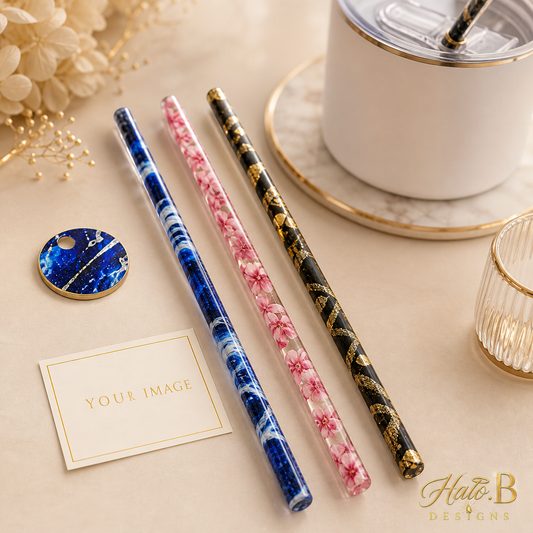 Customized image tumbler straws in blue marble, pink floral, and black gold designs