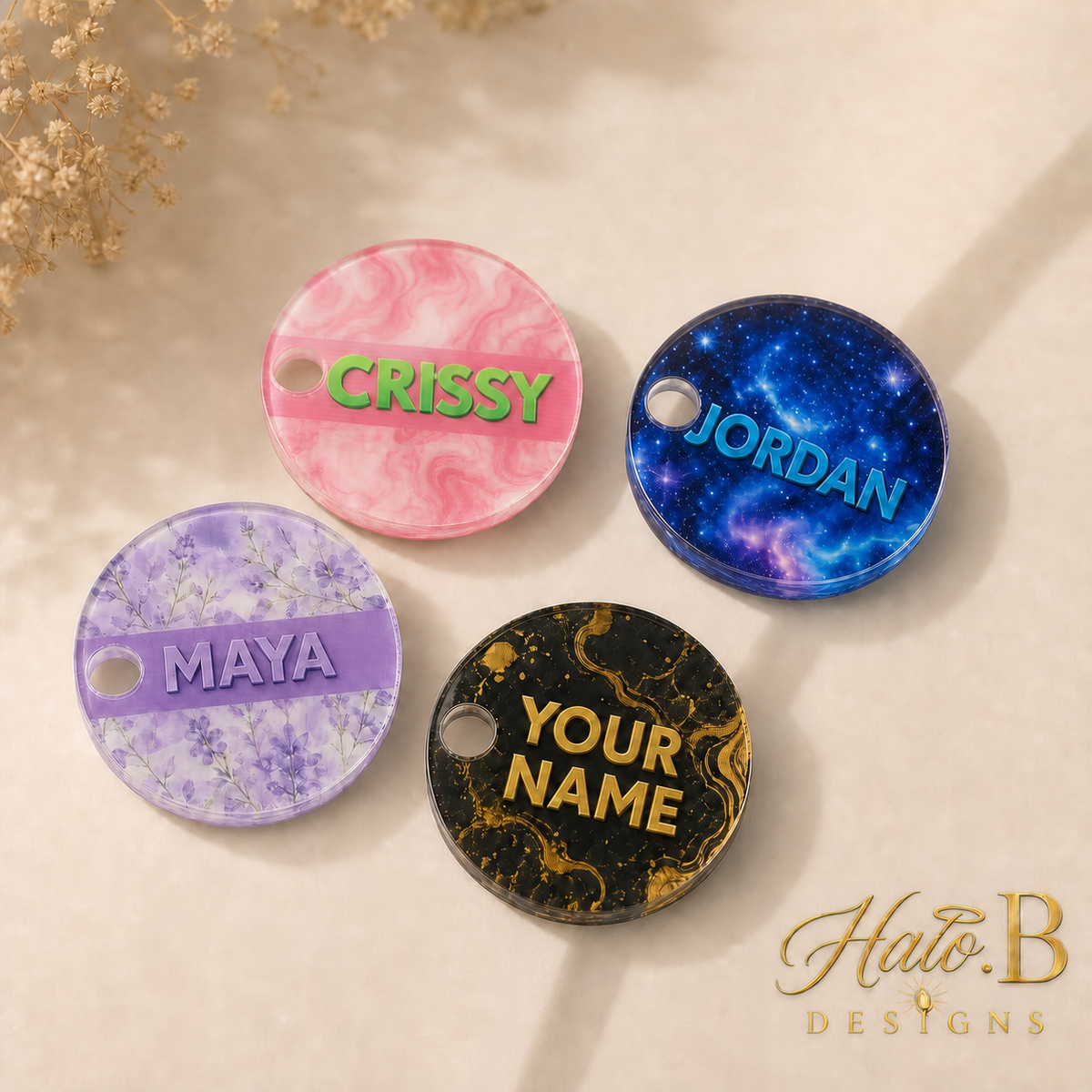 Personalized round lid toppers for 20oz tumblers in multiple custom designs